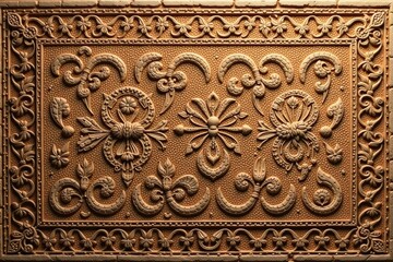 Intricate, repeating design etched into a clay surface, ancient style , complex, old