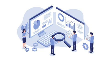 Data analysis and team collaboration with charts and graphs concept vector illustration