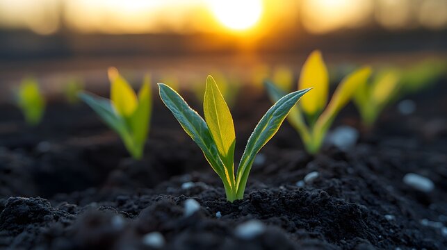 Fresh green plant seedlings emerging from the soil, illuminated by the warm sunlight of sunrise