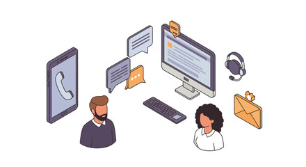 Virtual communication and customer support concept with people and technology icons vector illustration