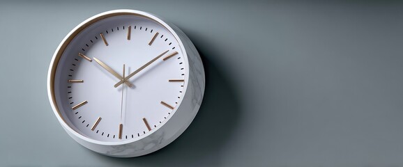 A minimalist white round clock with gold accents hangs against a muted gray wall, showcasing simple elegance and a clean design