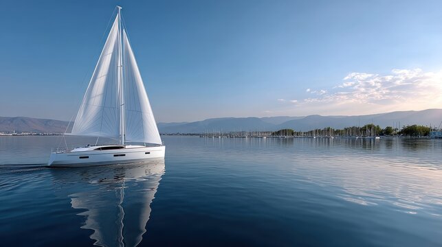 A sleek, white sailboat glides across calm, azure waters under a clear sky.