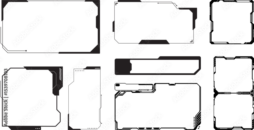 Poster set of futuristic tech ui frame vectors in high-tech hud style, ideal for sci-fi interfaces, digital