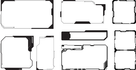 Set of futuristic tech UI frame vectors in high-tech HUD style, ideal for sci-fi interfaces, digital dashboards, virtual overlays, and modern technology-themed design projects.

