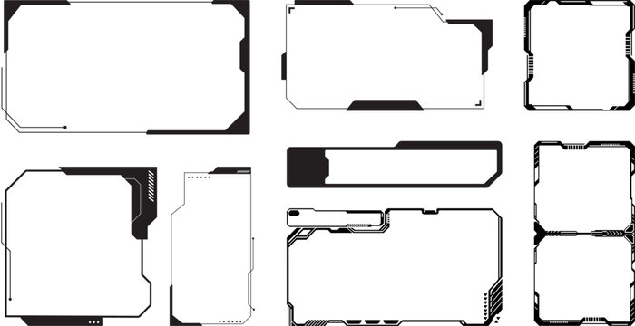 Set of futuristic tech UI frame vectors in high-tech HUD style, ideal for sci-fi interfaces, digital dashboards, virtual overlays, and modern technology-themed design projects.

