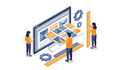 Team collaboration on web design and development with digital interface and measurement tools vector illustration