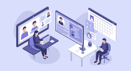 Remote work collaboration with virtual meetings and digital communication tools vector illustration