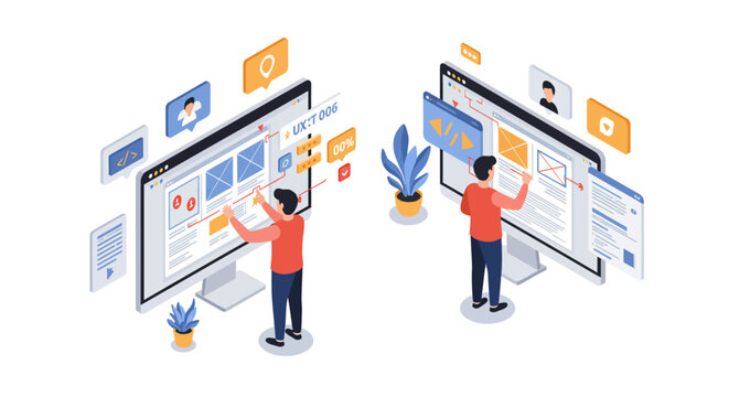 Isometric web development and design concept for user experience and interface enhancement vector illustration