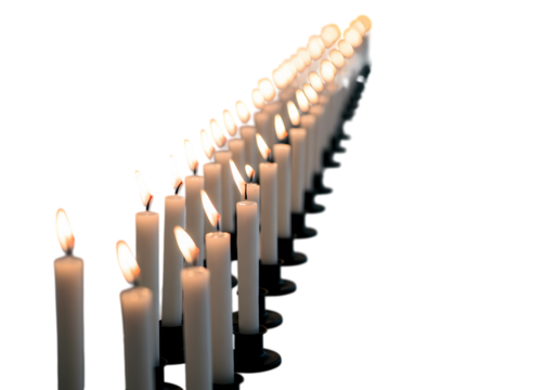 Linear Arrangement of Lit Candles on Black Holders isolated on transparent baackground