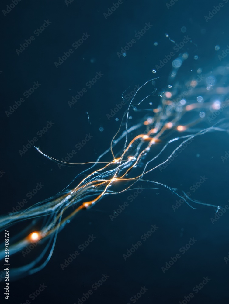 Poster Neural Pathways Illuminated by Vibrant Light Trails Contrast Against a Deep Blue Background, Showcasing the Complexity of the Nervous System