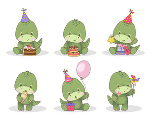 Fototapeta premium Set of cute green dinosaur and birthday party elements. Vector illustration of isolated dinosaur with presents, caps and balloon for cards, posters, invitations and kids party decoration