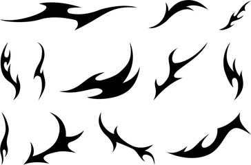 Set of tribal flame tattoo vector elements with sharp abstract curves and dynamic silhouettes perfect for decals, stickers, digital art, custom prints, and edgy graphic design projects