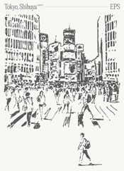 Obraz premium Monochrome artwork of iconic Tokyo Shibuya Crossing, highlighting city life and urban culture