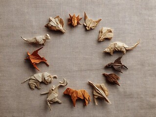 A circle of various origami animals and dinosaurs arranged on a textured beige background surface
