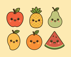 Cute Kawaii Fruit Characters Vector Illustration Set