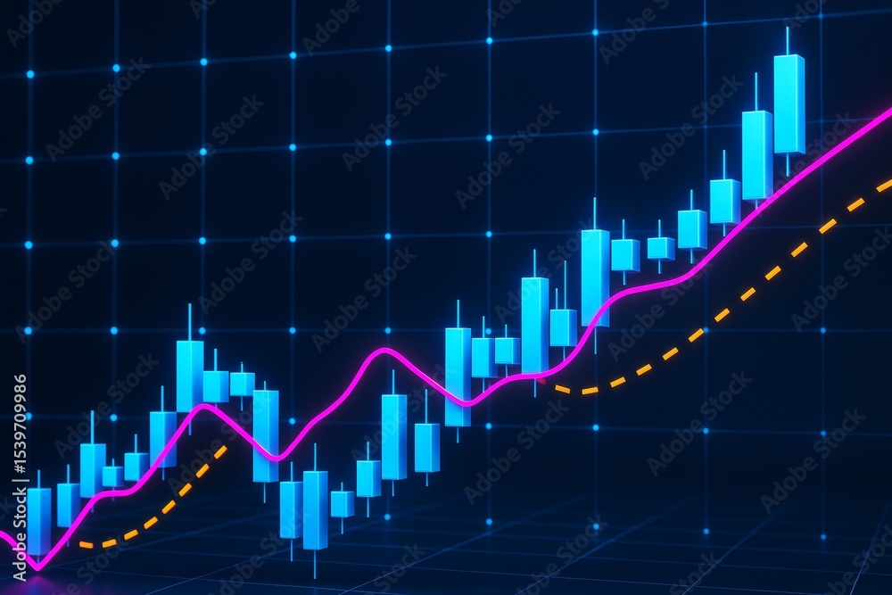 Poster Abstract glowing candlestick chart with neon trend lines on dark grid background representing financial business growth and analysis concept.