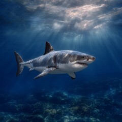 Obraz premium Great White Shark Underwater in Sunlit Ocean