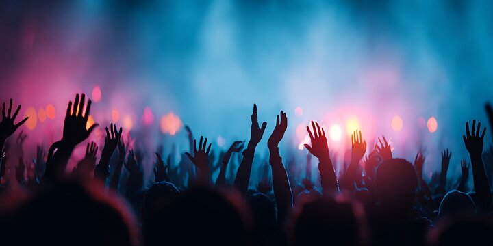 Silhouetted crowd at concert raising hands in celebration