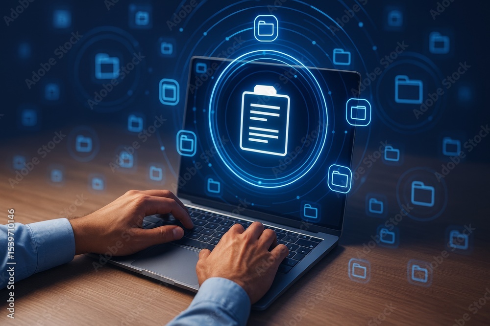 Poster Businessman's hands typing on laptop with digital document and folder icons in futuristic light abstract background interface concept.