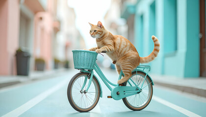 Ginger Cat on Bicycle in Colorful Urban Setting, Side View Shot