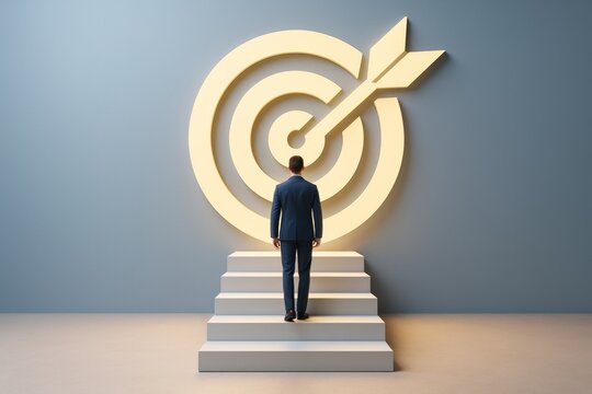 Businessman walking up stairs toward glowing bullseye target symbol on abstract background representing goal achievement and success vision.