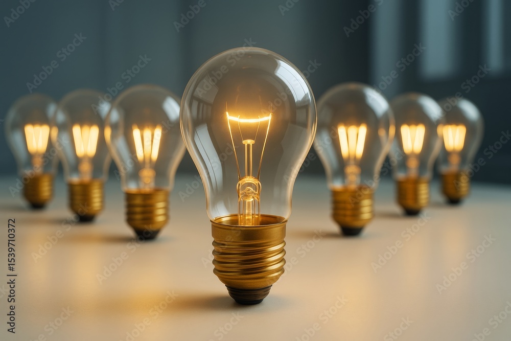 Poster Illuminated lightbulbs arranged in rows with one in focus symbolizing leadership and innovation on a soft background in business concept image.
