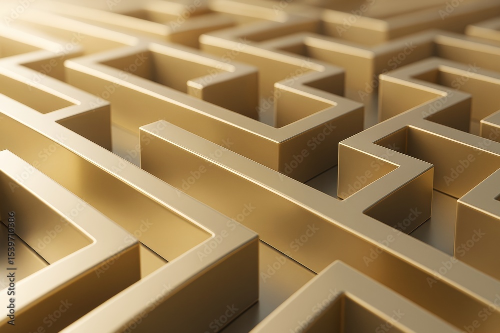 Poster Abstract golden maze with geometric pattern and glossy light reflections on smooth surface as business strategy background concept in minimal style.