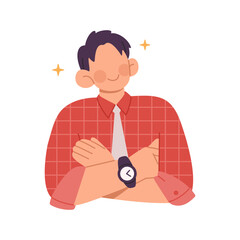 A confident male entrepreneur wearing a shirt, tie, and wristwatch is crossing his arms while smiling. Flat vector character style illustration isolated on white background