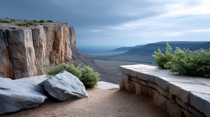 A dramatic vista unfolds from a stone overlook, showcasing a vast, flat desert plain stretching to.