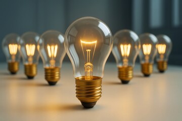 Illuminated lightbulbs arranged in rows with one in focus symbolizing leadership and innovation on a soft background in business concept image.
