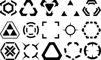 Futuristic vector tech icons and geometric HUD elements with hexagon, triangle, and circle shapes ideal for sci-fi interfaces, games, apps, and high-tech digital design projects.   © Waqas