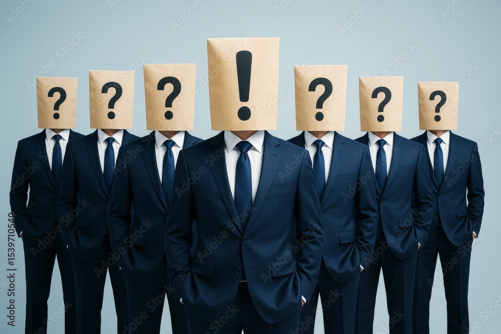 Poster businessmen in suits with paper bags over heads featuring question and exclamation marks standing in