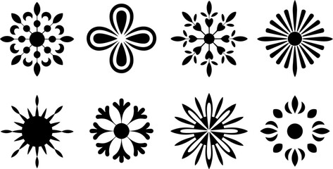 Eight black and white floral designs arranged in a grid on a plain white background in a vector image