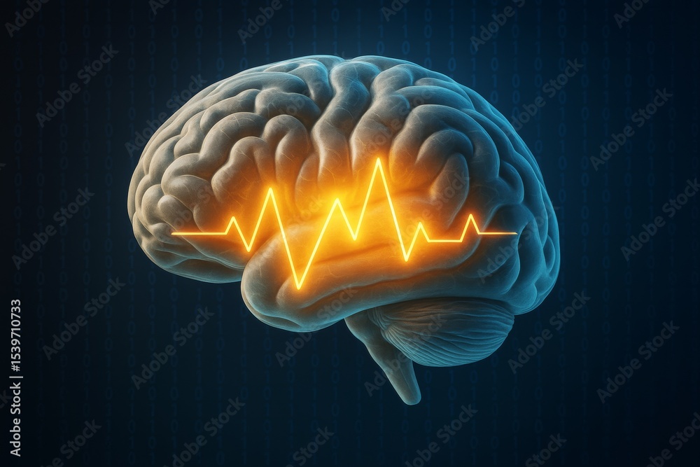 Poster Human brain with glowing pulse line representing mental activity and technology integration on dark binary background. Ai generative.