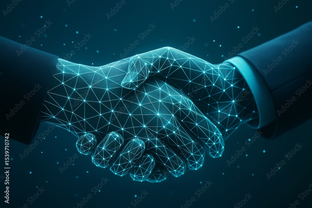 Poster Futuristic digital handshake symbolizing a business agreement with glowing polygonal mesh structure on a dark background in creative light style.