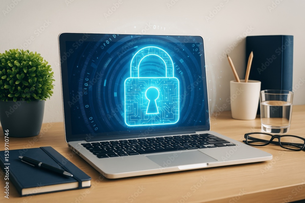 Poster cybersecurity concept with glowing lock icon on laptop screen placed on wooden desk with business it