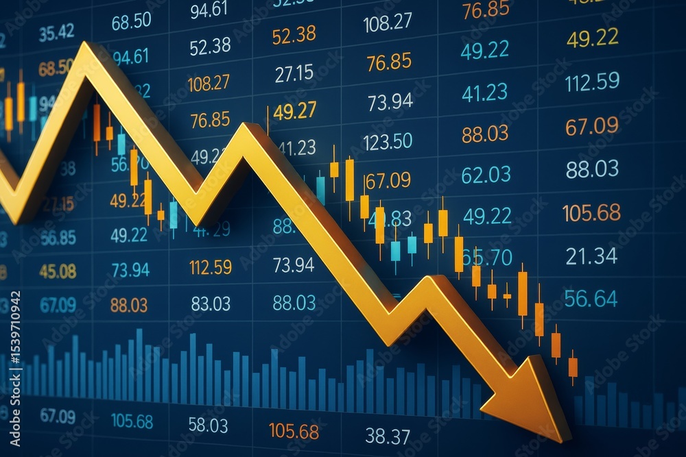 Poster business stock market crash concept with yellow arrow declining over financial data background on di