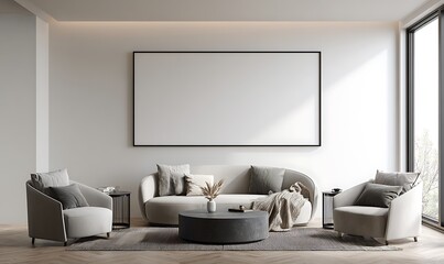 Modern minimalist living room interior with large blank canvas