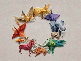 Colorful origami animals arranged in a circle on a textured background creating a playful composition