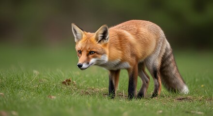 Fototapeta premium Alert Red Fox Stalking Prey in Lush Green Meadow, Focused Gaze