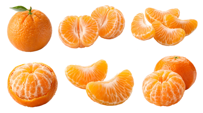 Mandarin oranges and segments isolated on transparent background