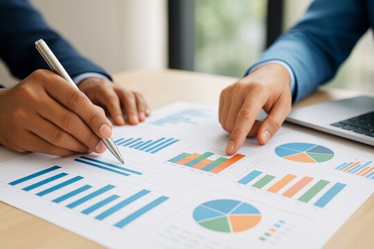 Close-up of business professionals analyzing colorful bar and pie charts during meeting on light office background with abstract data graphics.