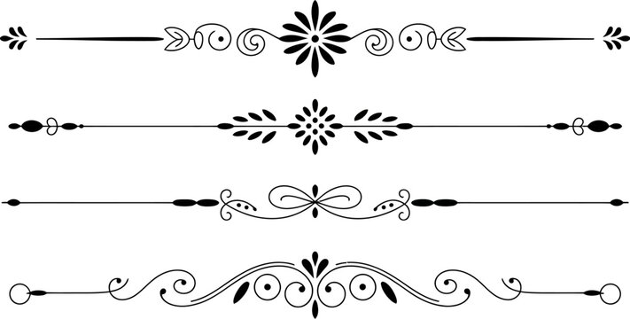 Four decorative black and white dividers with floral and swirl designs on a white background page layout