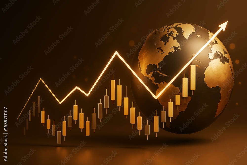 Poster abstract financial growth chart with candlesticks and glowing globe on dark background representing 