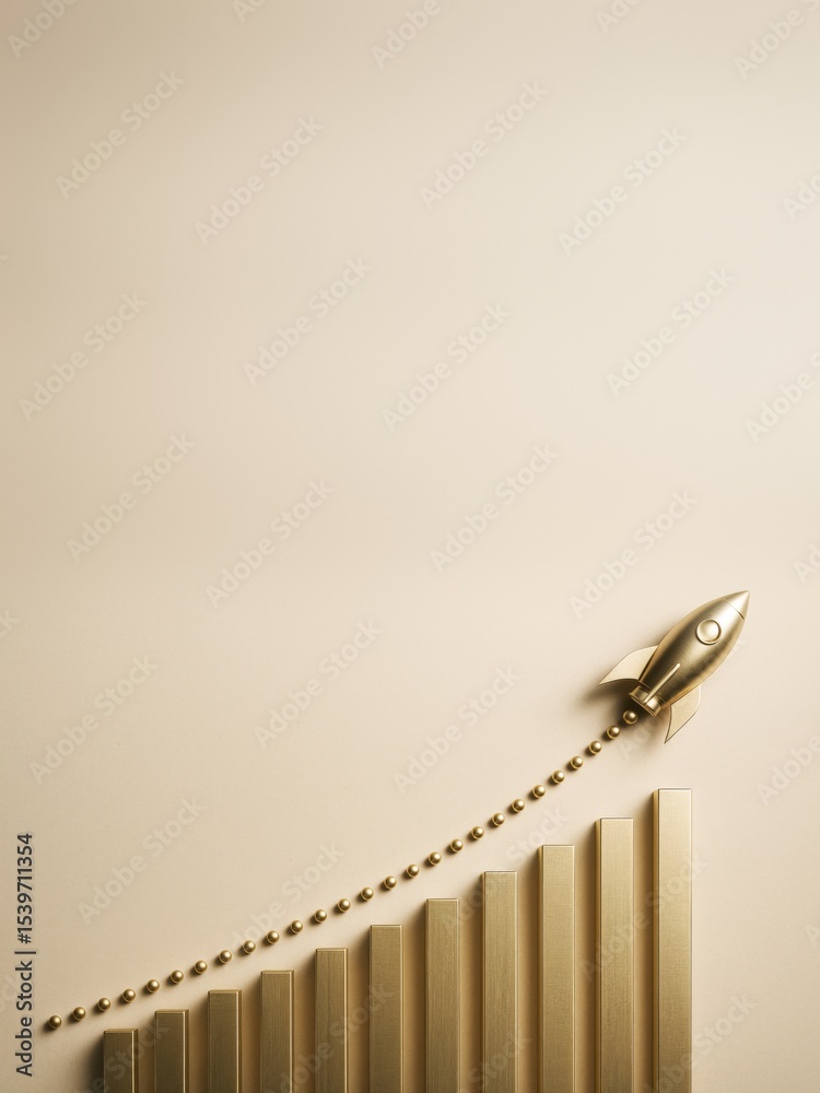 Poster golden rocket launching from bar chart on beige background symbolizing business growth and success. 