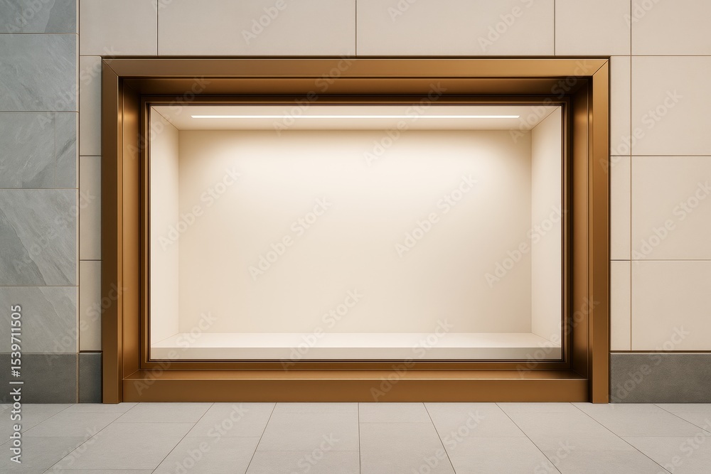 Aufkleber Empty luxury store display window with golden frame and soft lighting on beige tiled wall background for business branding and promotion mockup template.