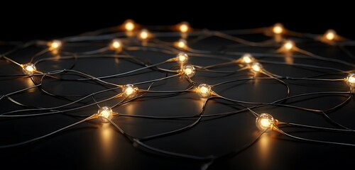 A close up view of a string of fairy lights on a dark surface creating a warm and festive ambiance