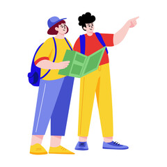 A flat style illustration showing a person guiding tourist 
