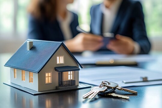 Miniature house model sits on desk;  business people in the background