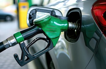 Close-up of a gray car at a gas station, with a green fuel pump nozzle inserted into the gas tank